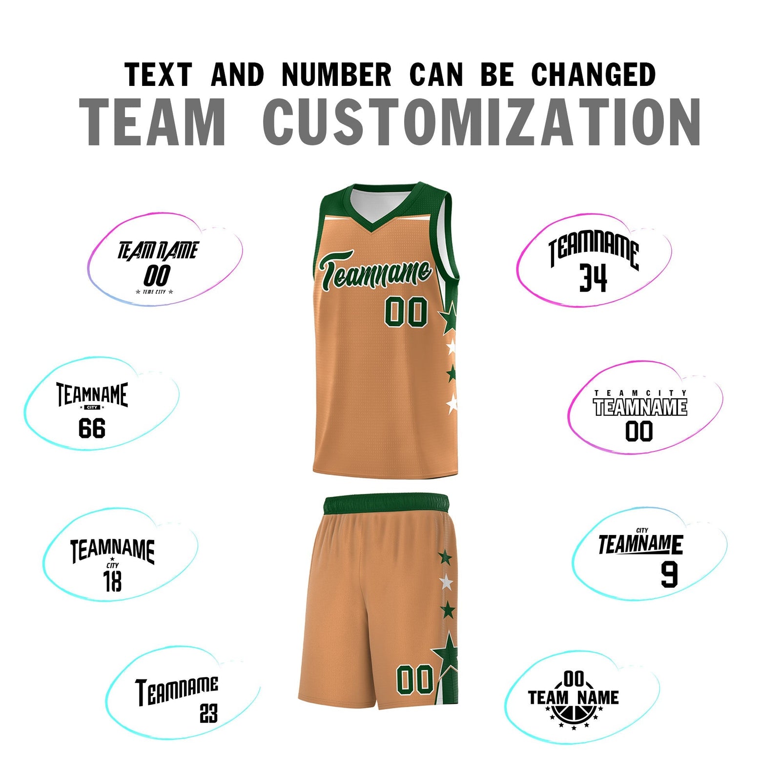 Custom Youth Basketball Uniform Buckskin Brown Green Two Tone Side Star Color Block Team Jersey