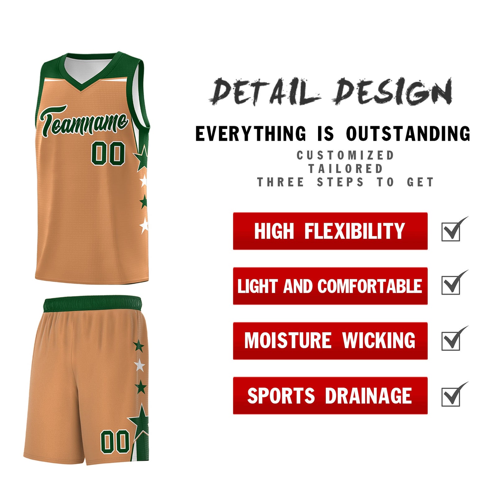Custom Youth Basketball Uniform Buckskin Brown Green Two Tone Side Star Color Block Team Jersey