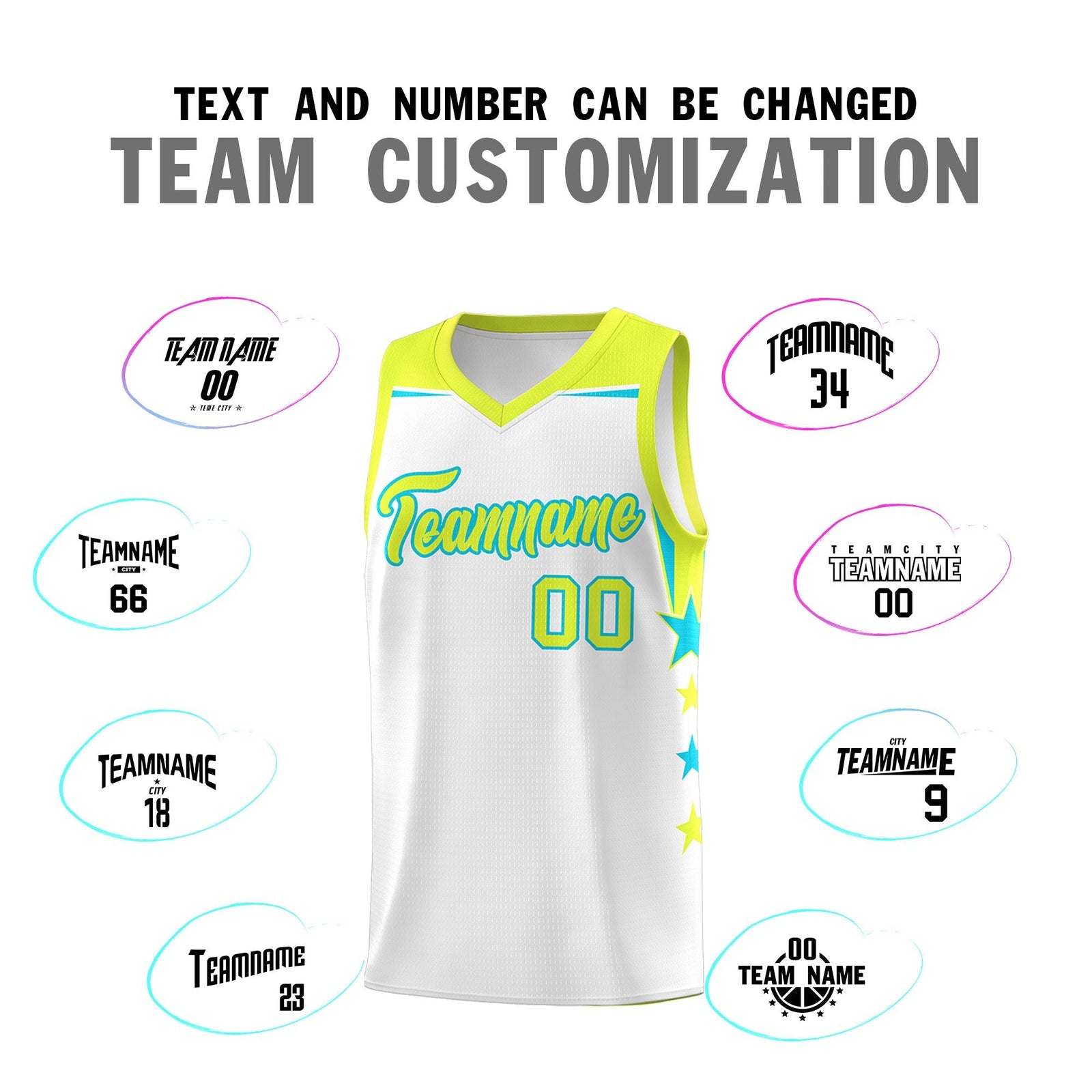 Custom Youth Basketball Uniform White Fluorescent Green Two Tone Side Star Add Name Number & Logo