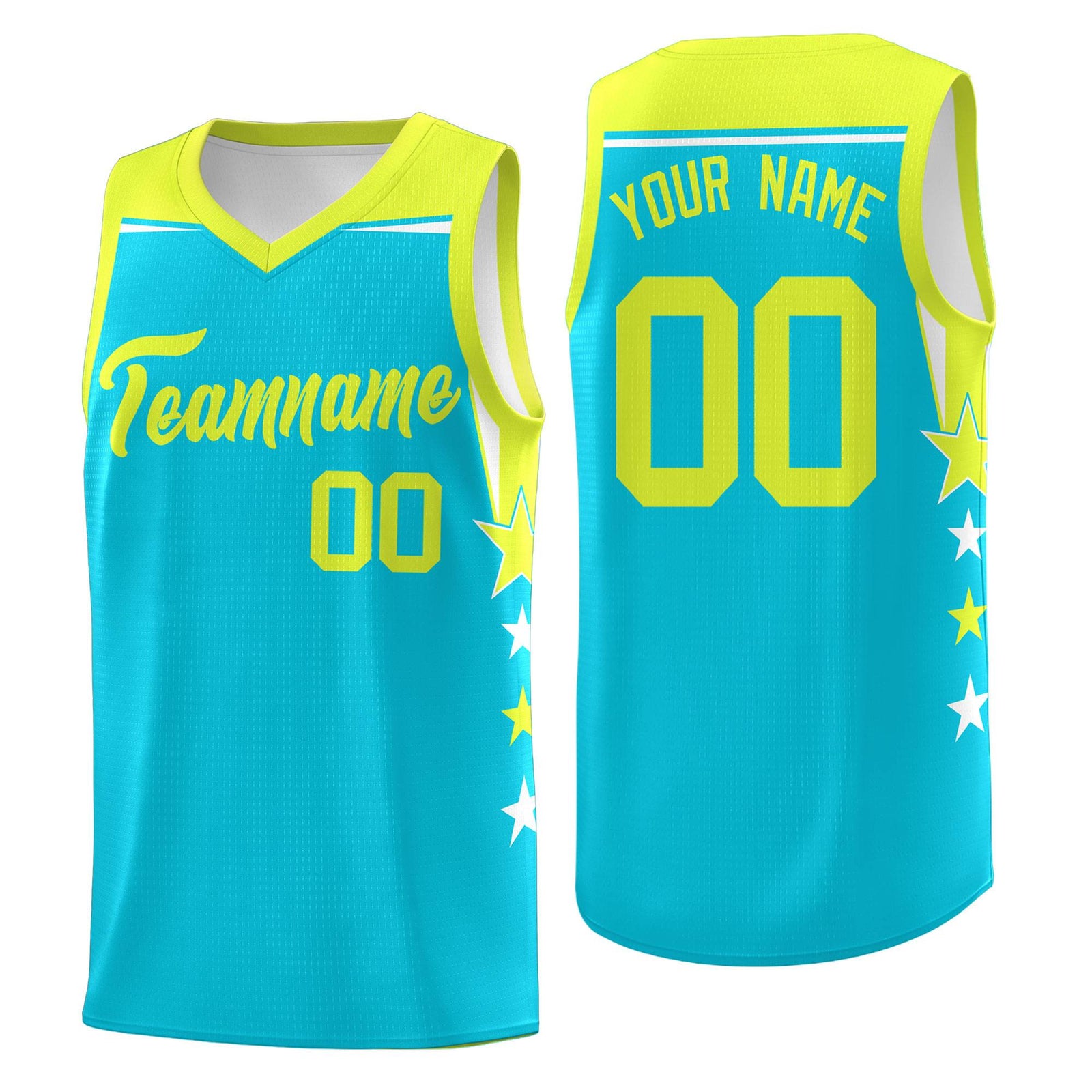 Custom Youth Basketball Uniform Sky Blue Fluorescent Green Two Tone Side Star Color Block Team Jersey