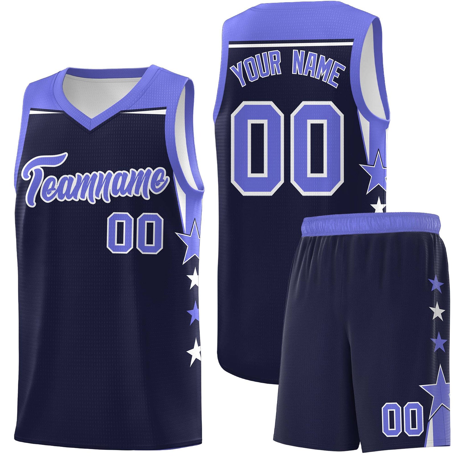 Custom Youth Basketball Uniform Navy Purple Two Tone Side Star Color Block Team Jersey
