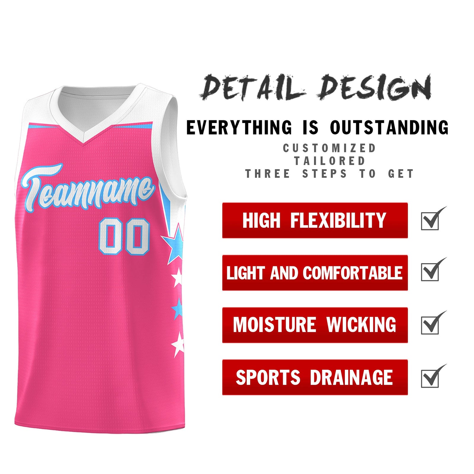 Custom Youth Basketball Uniform Pink White Two Tone Side Star Personalized Team Jersey