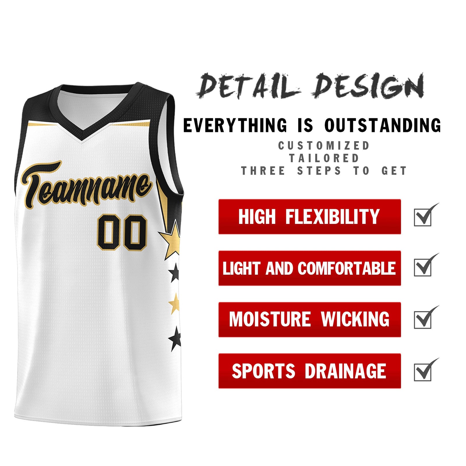 Custom Youth Basketball Uniform White Black Two Tone Side Star Add Name Number & Logo