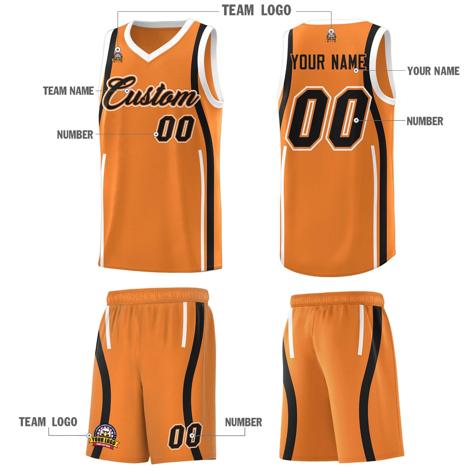Custom Gold Orange Black-White Ribbon Pattern Basketball Kits