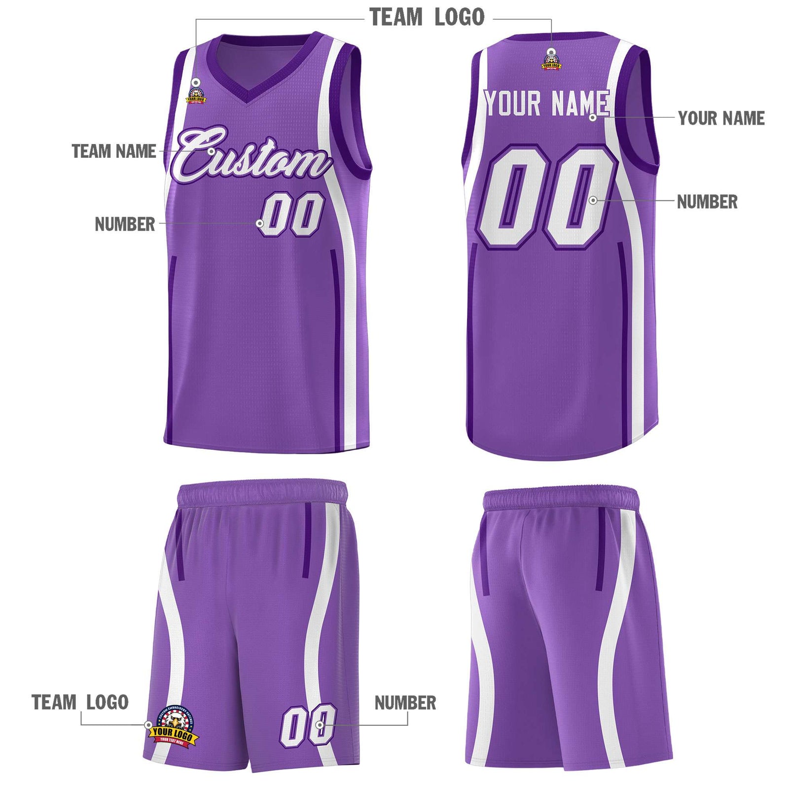 Custom Light Purple Purple-White Ribbon Pattern Basketball Kits