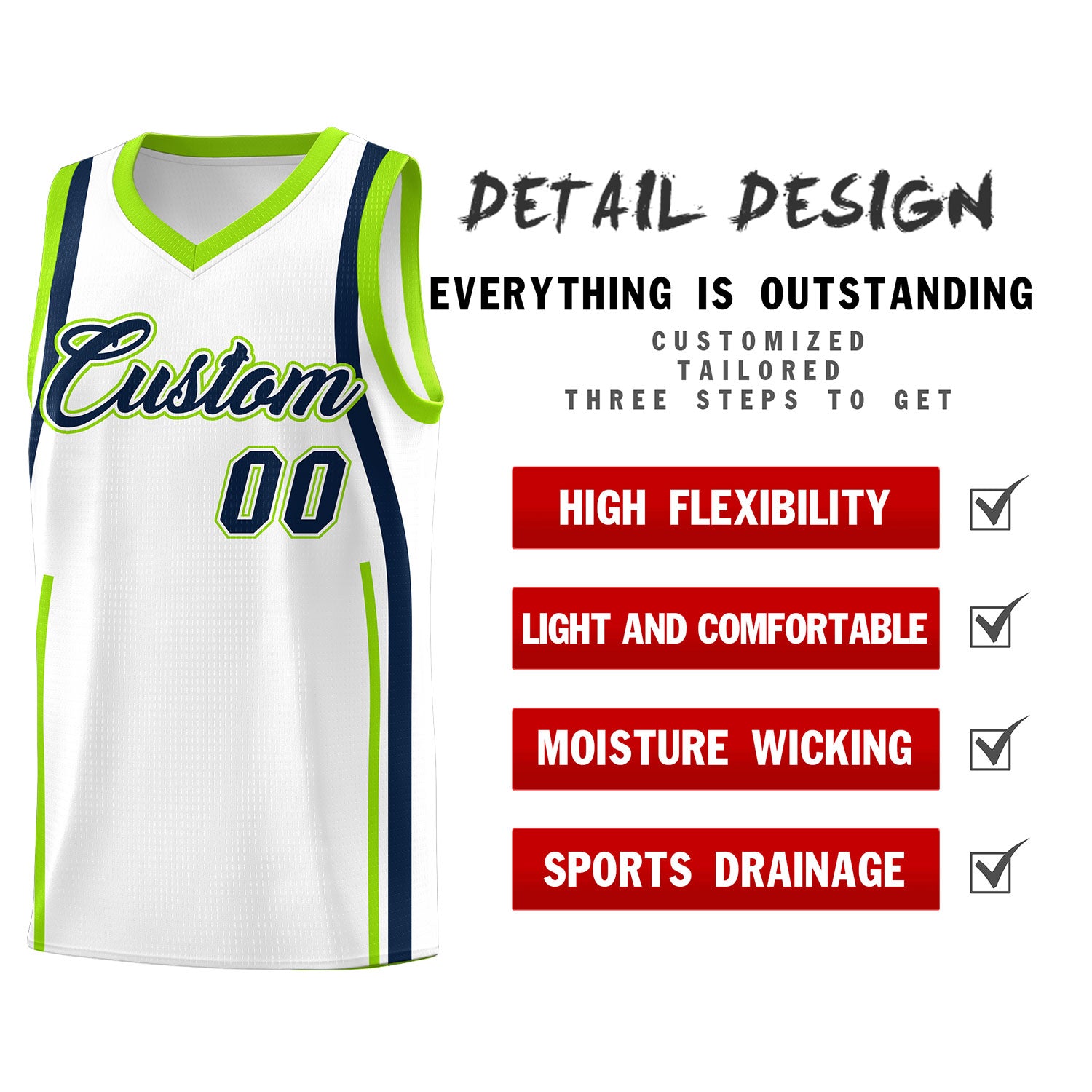 Custom White Fluorescent Green-Navy Ribbon Pattern Basketball Kits