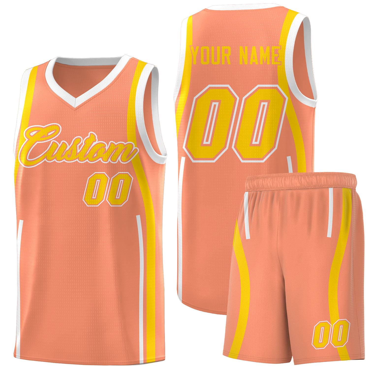 Custom Light Orange Gold-White Ribbon Pattern Basketball Kits