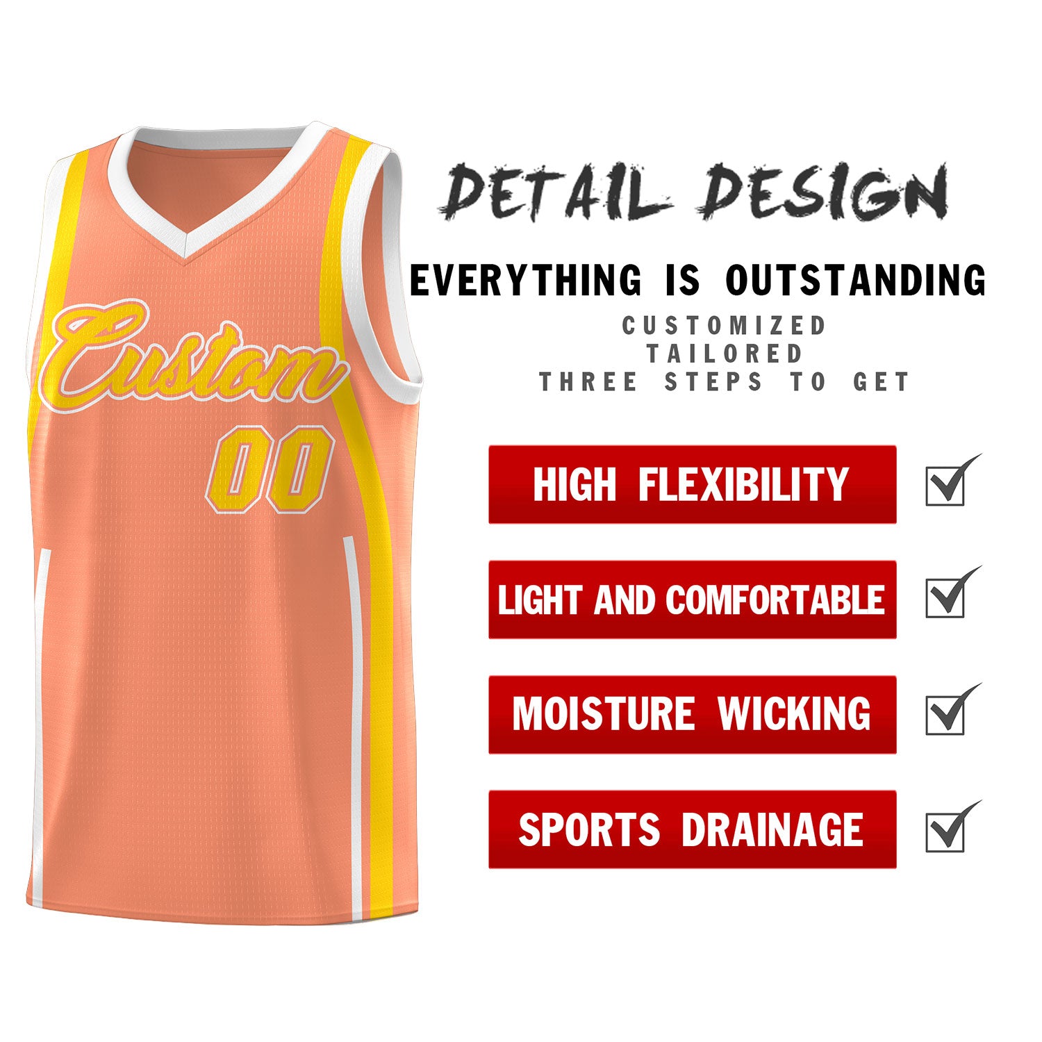Custom Light Orange Gold-White Ribbon Pattern Basketball Kits