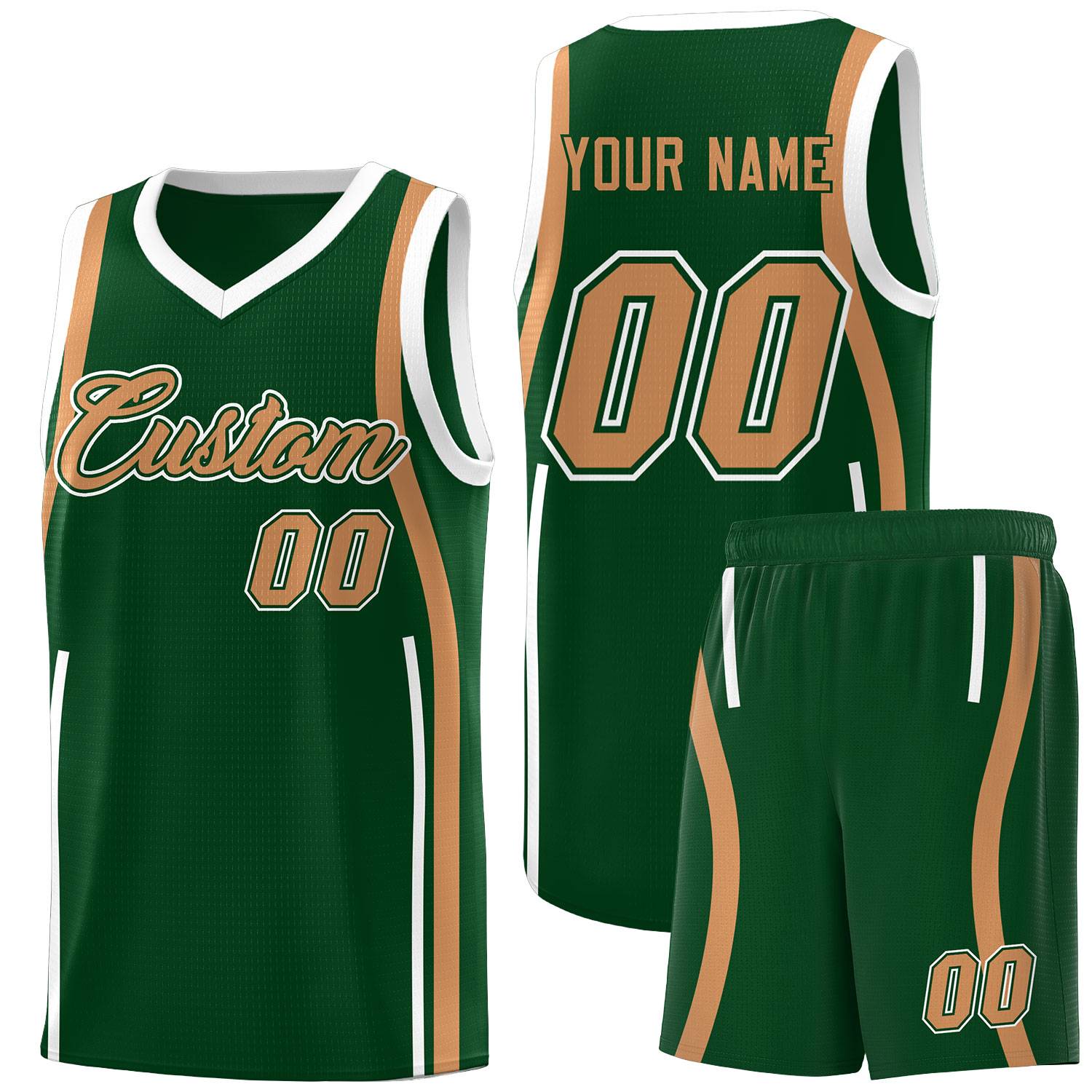 Custom Green Buckskin Brown-White Ribbon Pattern Basketball Kits