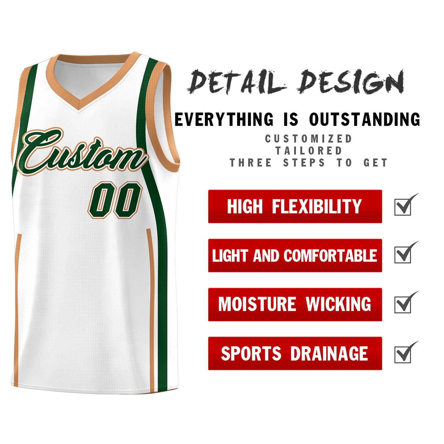 Custom White Green-Buckskin Brown Ribbon Pattern Basketball Kits