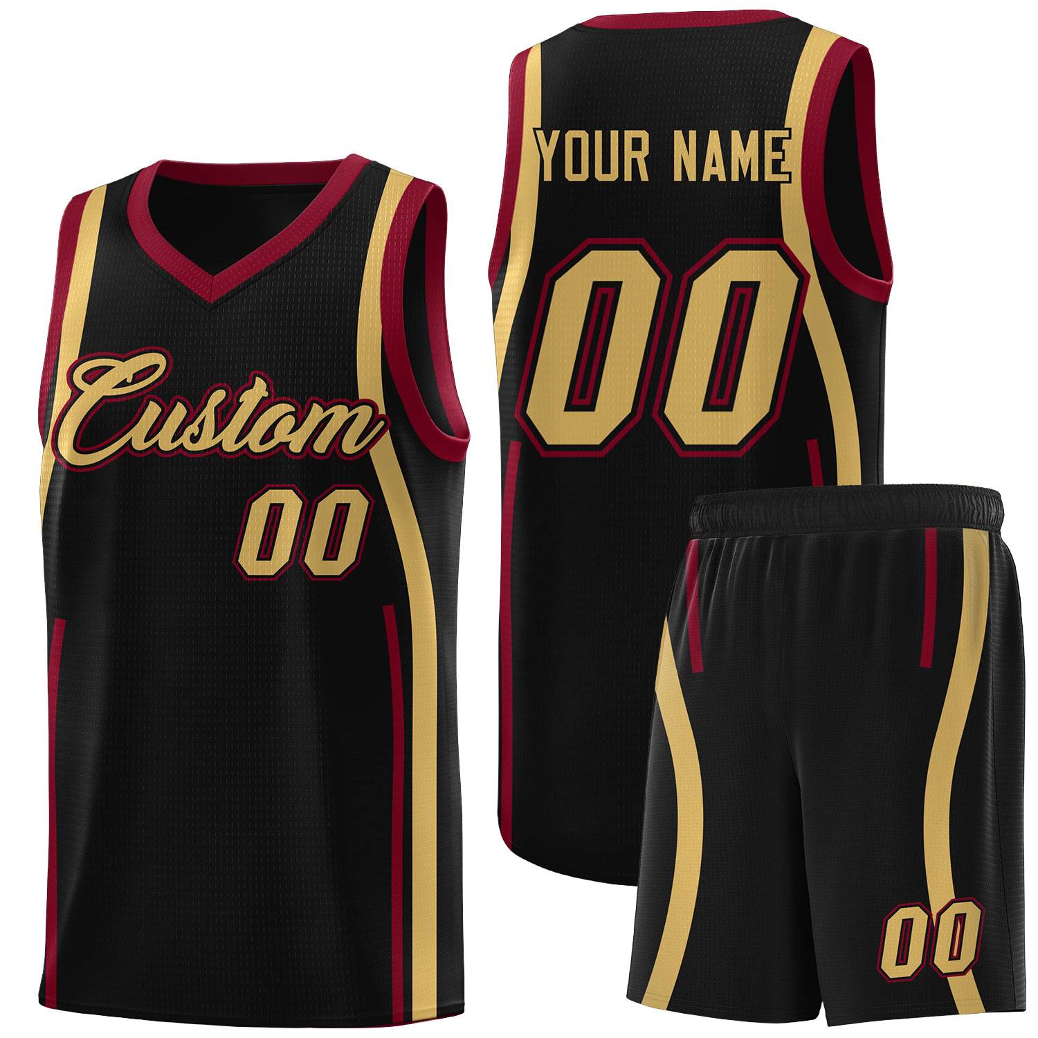 Custom Black Crimson-Old Gold Ribbon Pattern Basketball Kits