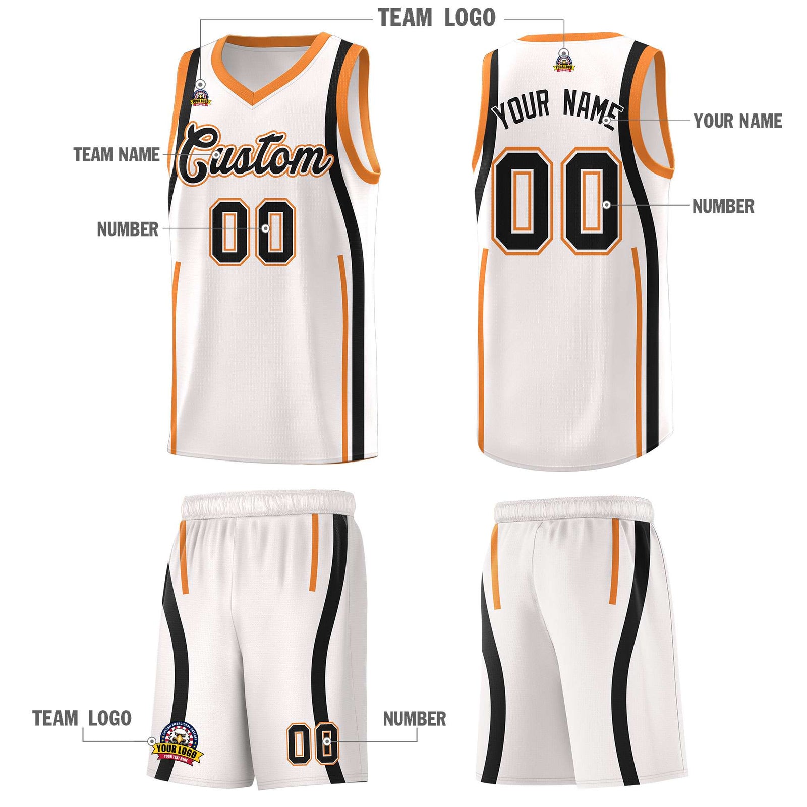 Custom White Gold Orange AND Black Basketball Jersey