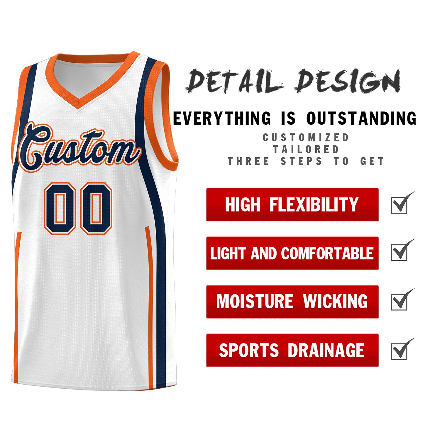 Custom White Navy AND Orange Basketball Jersey