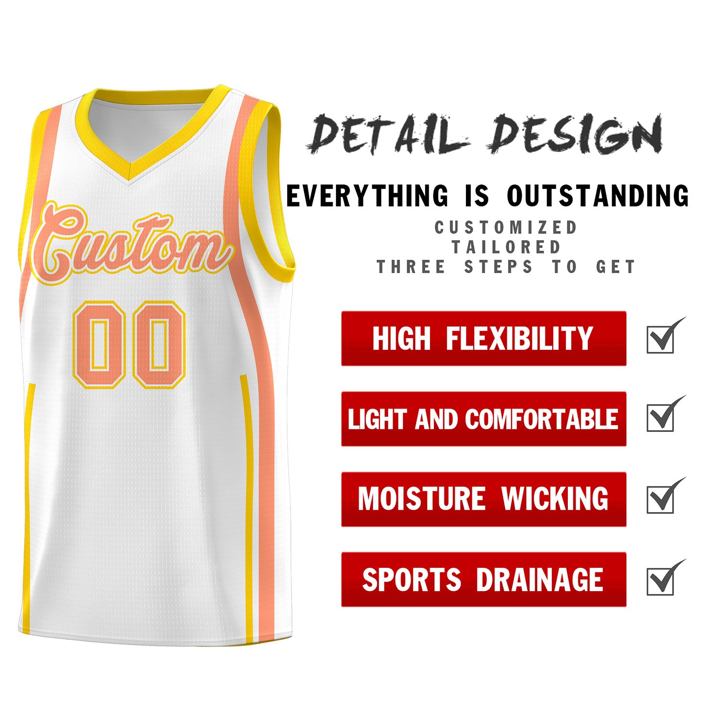Custom White Light Orange AND Gold Basketball Jersey