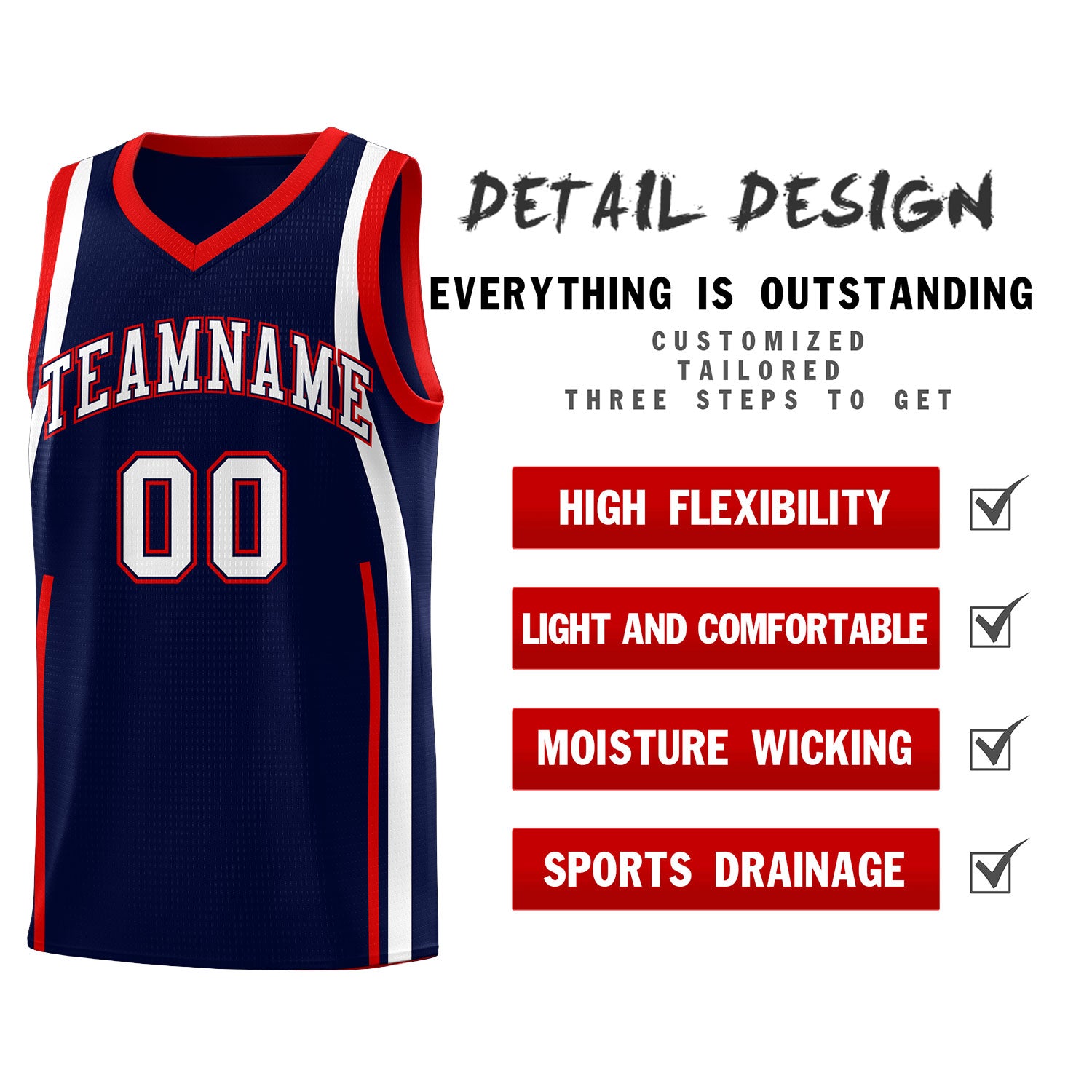 Custom Navy Red-White Ribbon Pattern Basketball Kits