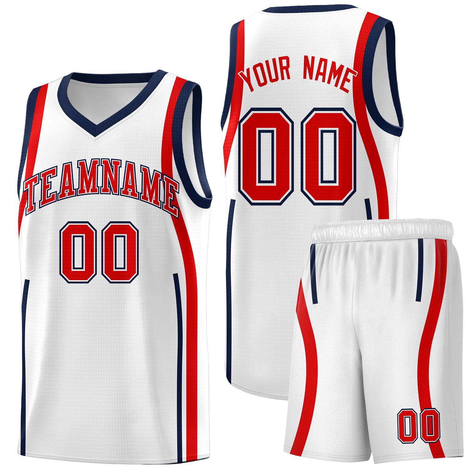 Custom White Navy-Red Ribbon Pattern Basketball Kits