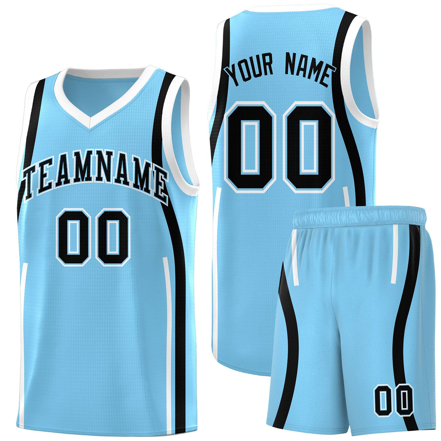 Custom Light Blue Black-White Ribbon Pattern Basketball Kits