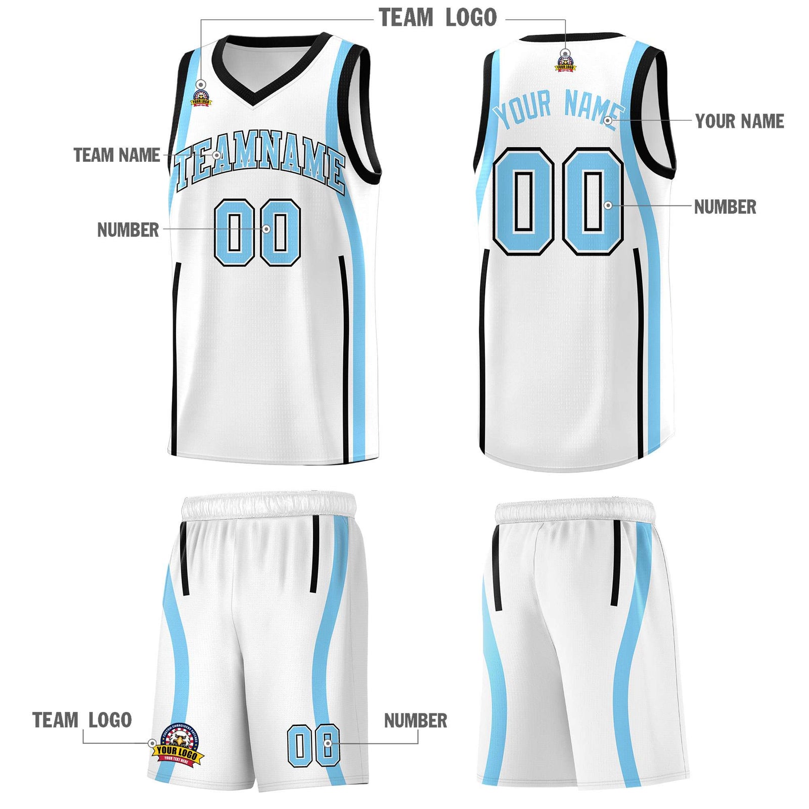 Custom White Light Blue-Black Ribbon Pattern Basketball Kits