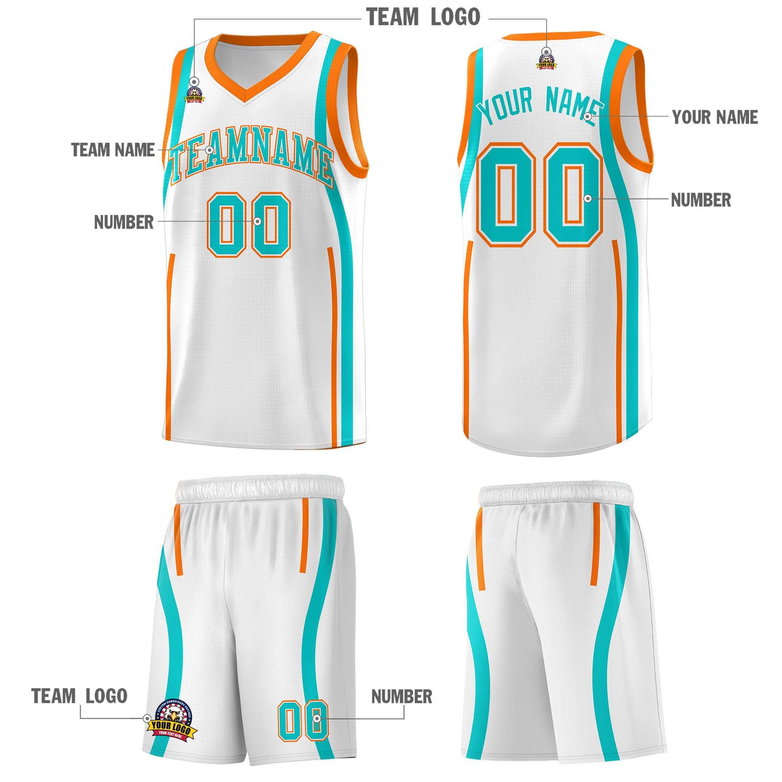 Custom White Aqua-Orange Ribbon Pattern Basketball Kits