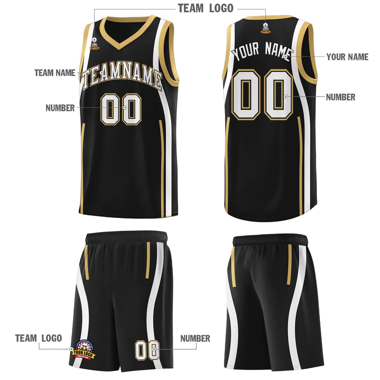 Custom Black Old Gold-White Ribbon Pattern Basketball Kits