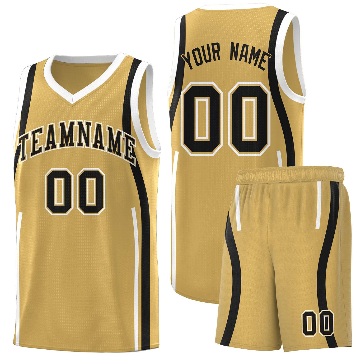 Custom Old Gold Black-White Ribbon Pattern Basketball Kits