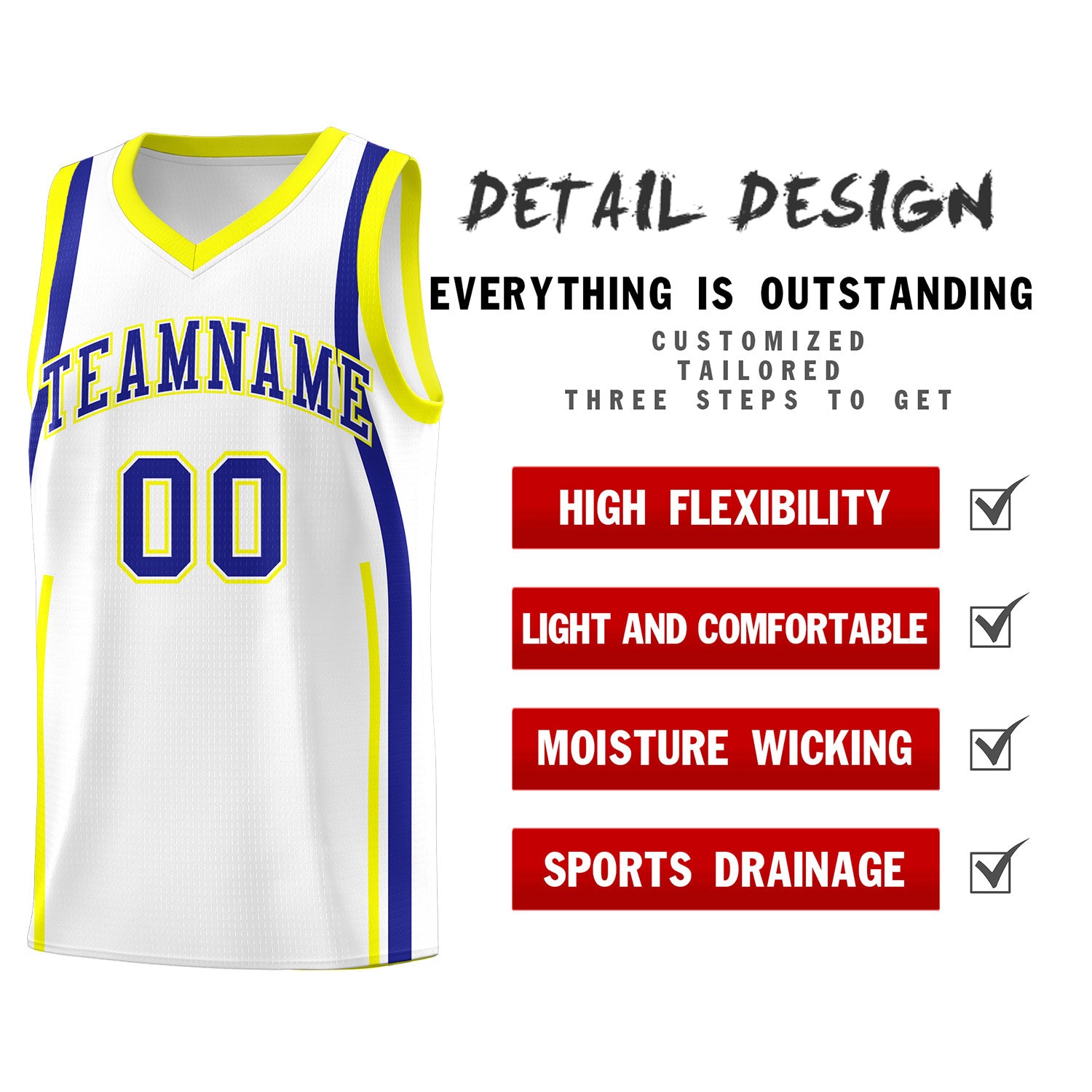 Custom White Royal-Fluorescent Yellow Ribbon Pattern Basketball Kits