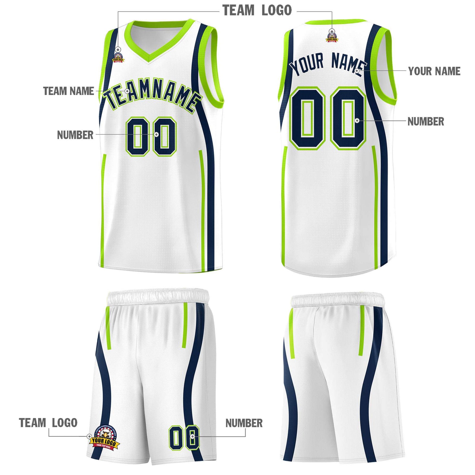 Custom White Fluorescent Green-Navy Ribbon Pattern Basketball Kits
