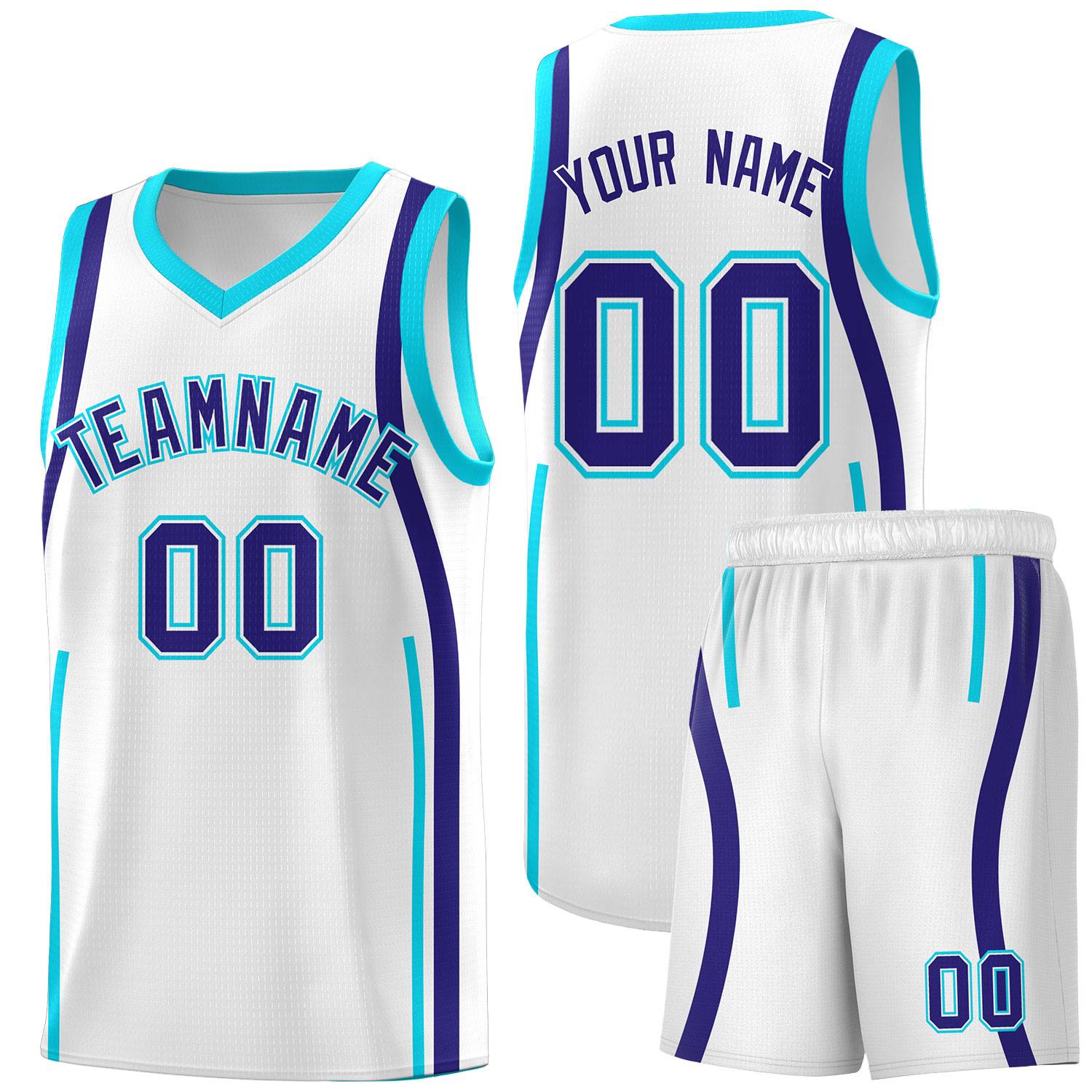 Custom White Sky Blue-Royal Ribbon Pattern Basketball Kits
