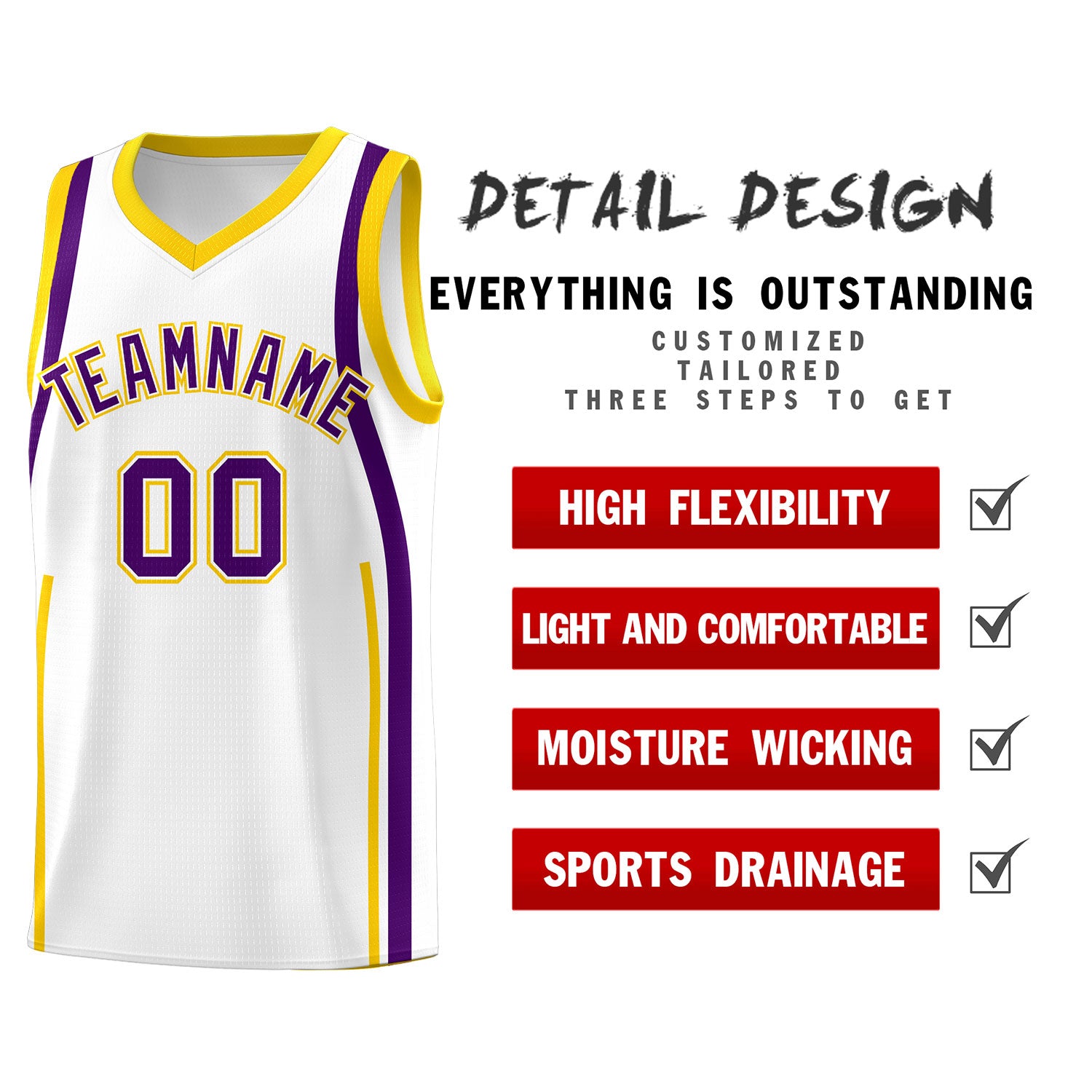 Custom White Purple-Gold Ribbon Pattern Basketball Kits