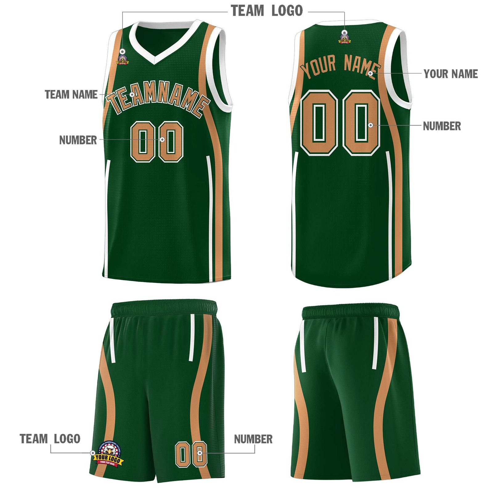 Custom Green Buckskin Brown-White Ribbon Pattern Basketball Kits