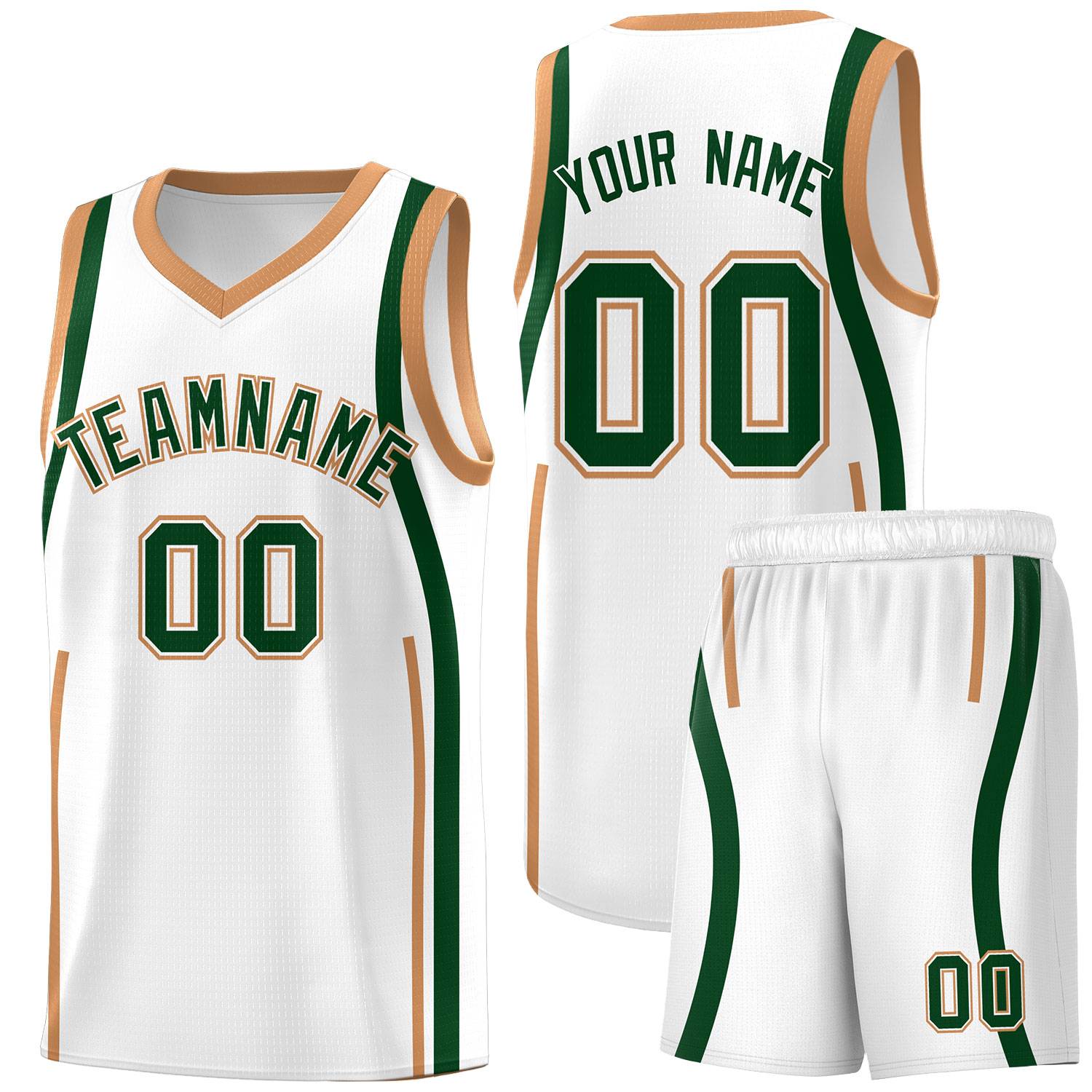 Custom White Green-Buckskin Brown Ribbon Pattern Basketball Kits
