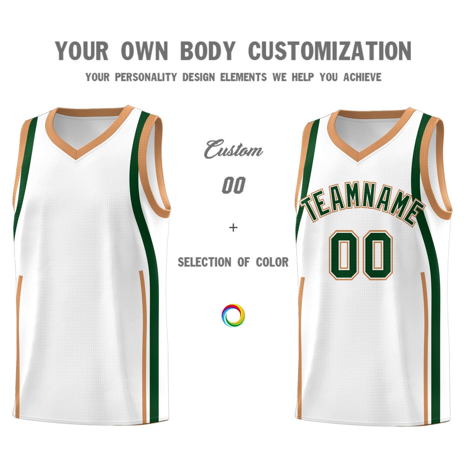 Custom White Green-Buckskin Brown Ribbon Pattern Basketball Kits