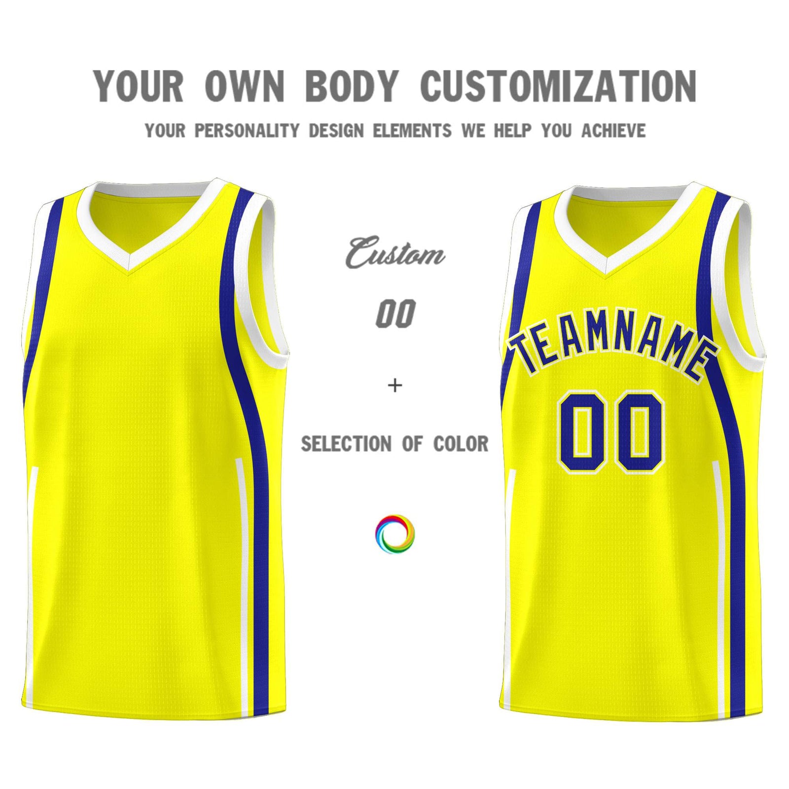 Custom Fluorescent Yellow Royal-White Ribbon Pattern Basketball Kits