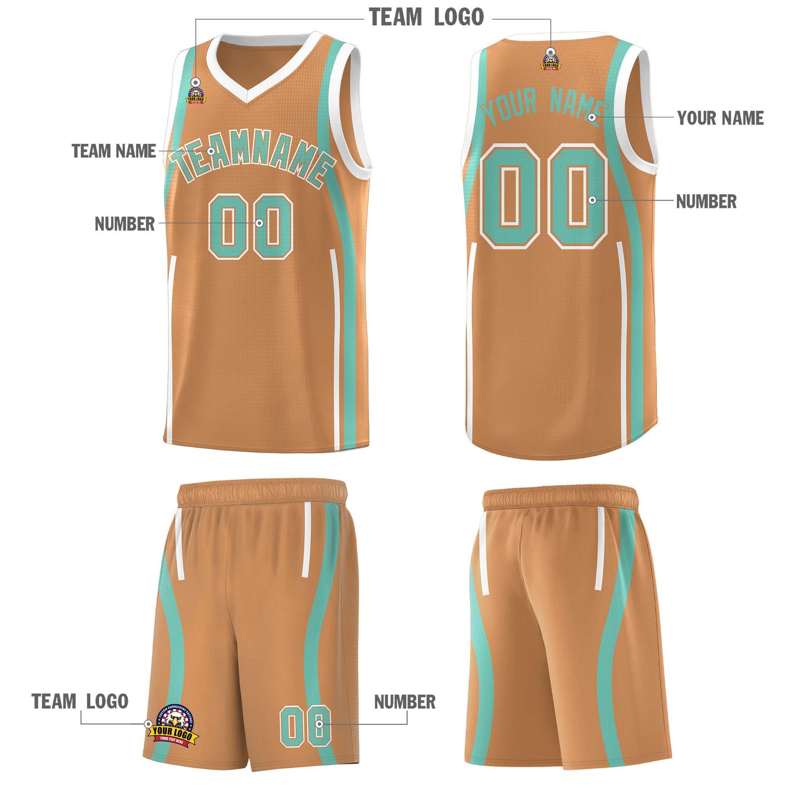 Custom Buckskin Brown Bright Green-White Ribbon Pattern Basketball Kits