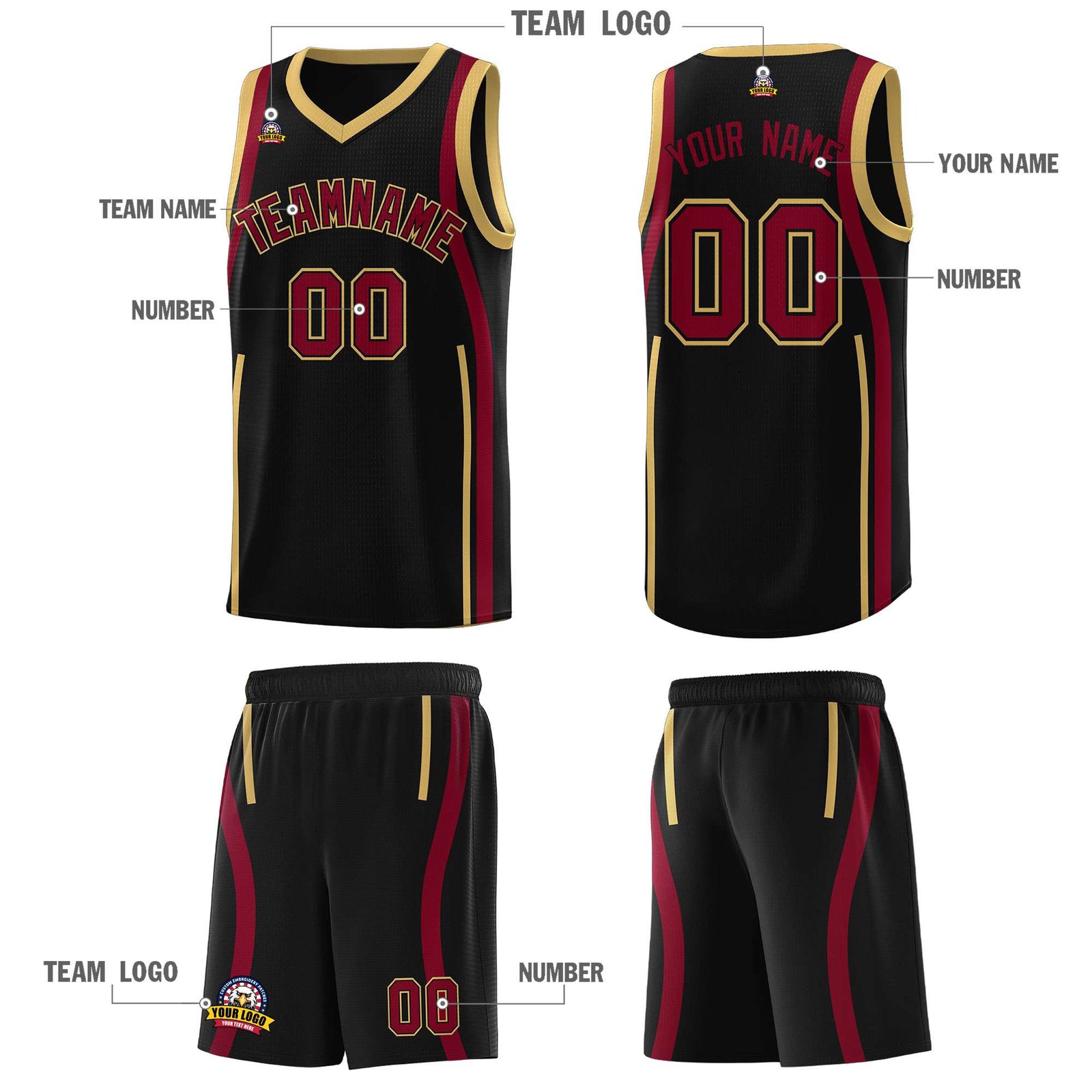 Custom Black Crimson-Old Gold Ribbon Pattern Basketball Kits