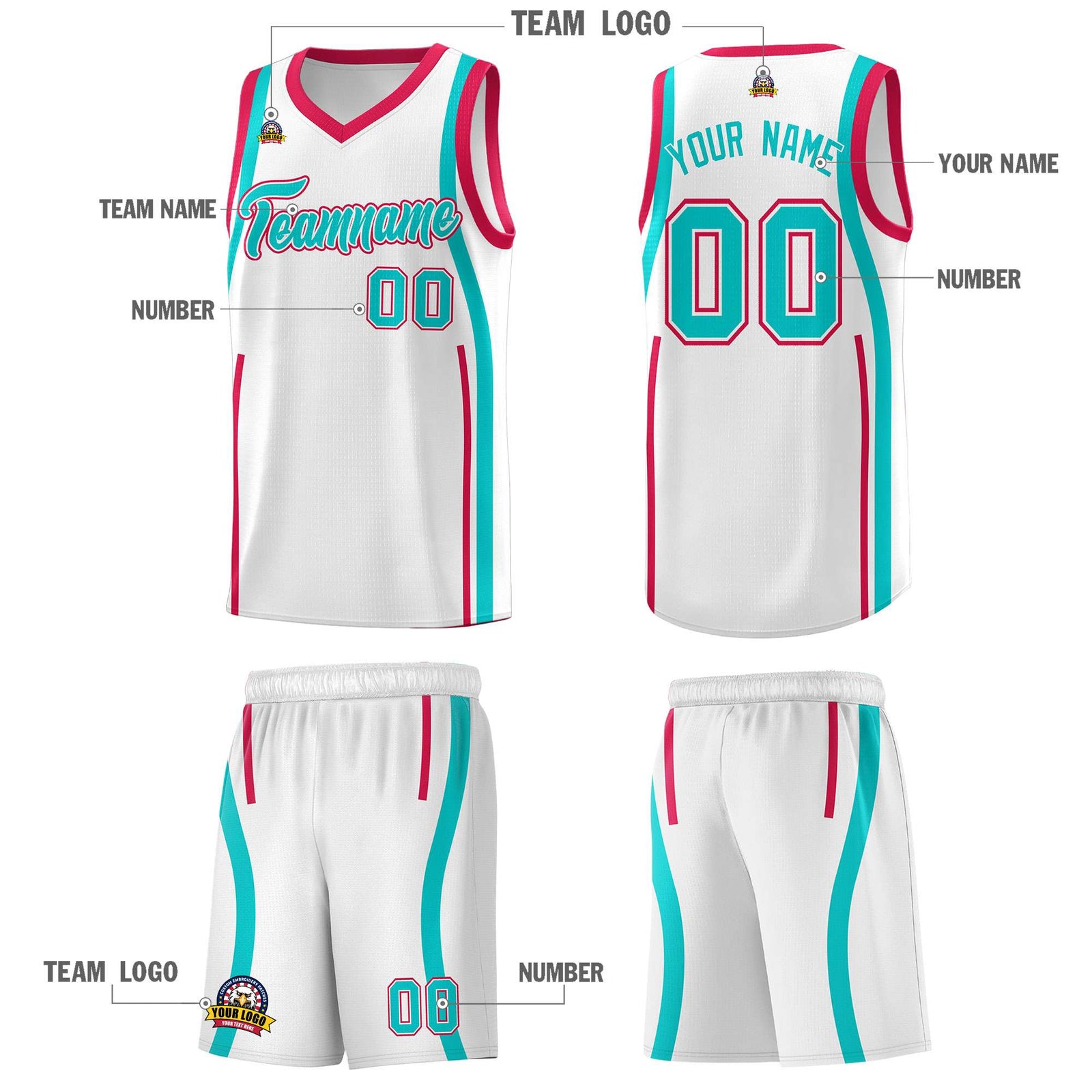 Custom White Aqua-Red Ribbon Pattern Basketball Kits