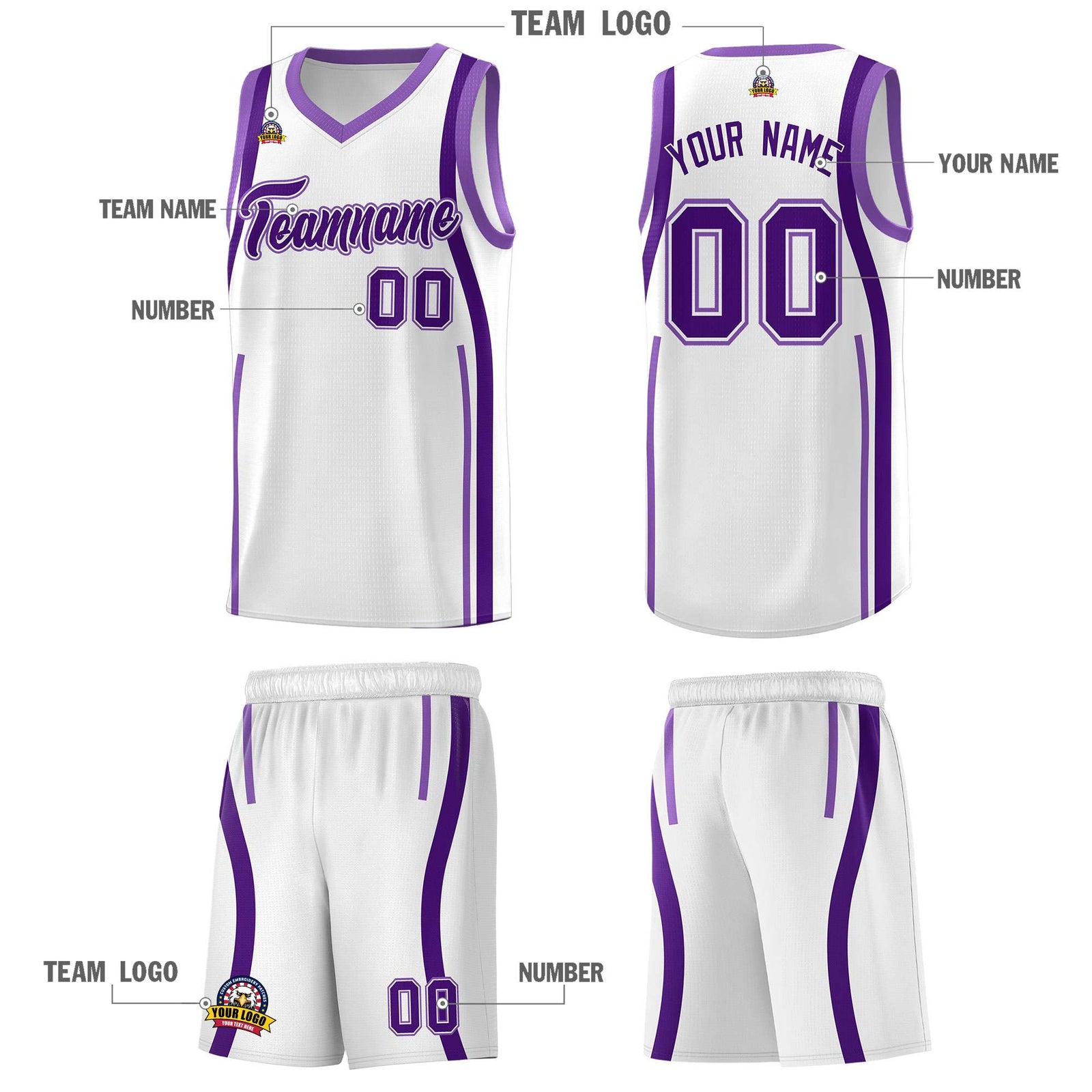 Custom White Purple-Light Purple Ribbon Pattern Basketball Kits