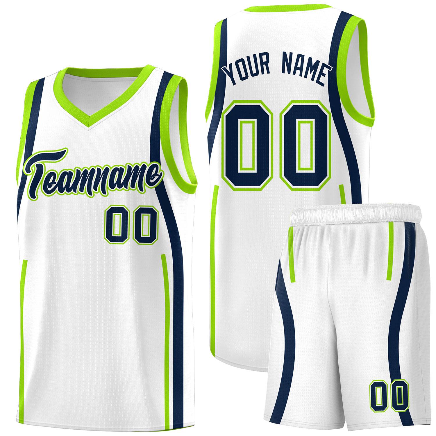 Custom White Fluorescent Green-Navy Ribbon Pattern Basketball Kits