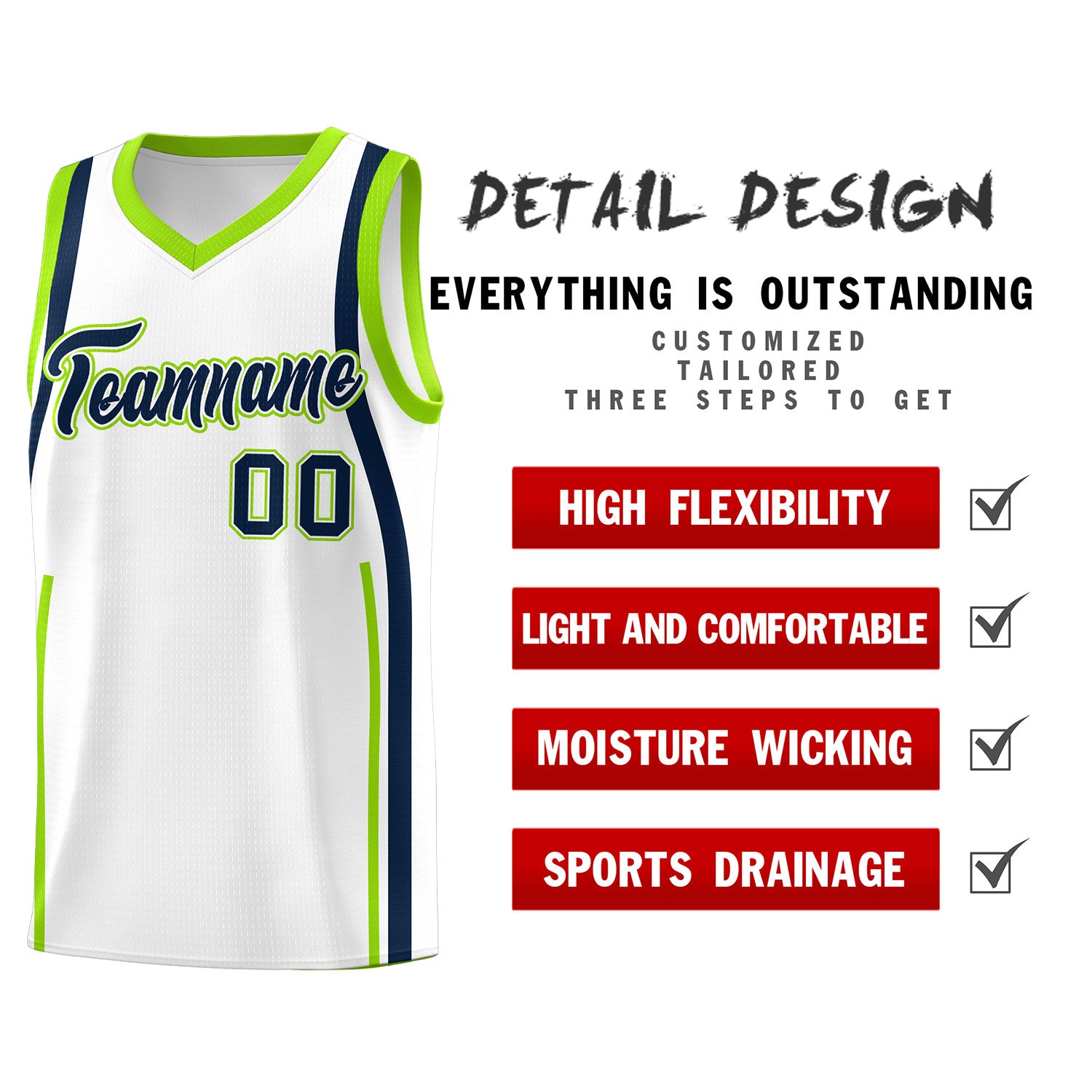 Custom White Fluorescent Green-Navy Ribbon Pattern Basketball Kits