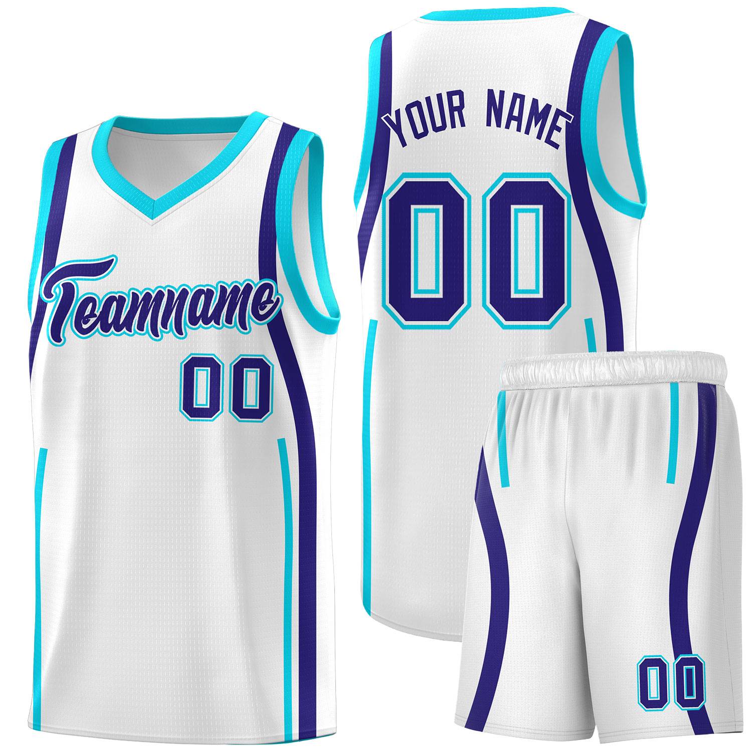 Custom White Sky Blue-Royal Ribbon Pattern Basketball Kits