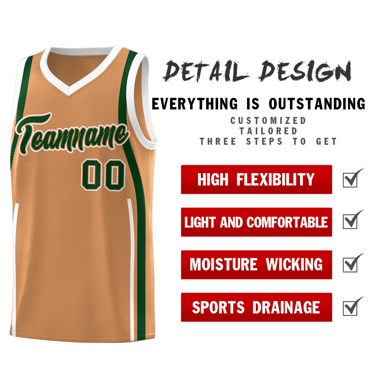 Custom Buckskin Brown Green-White Ribbon Pattern Basketball Kits