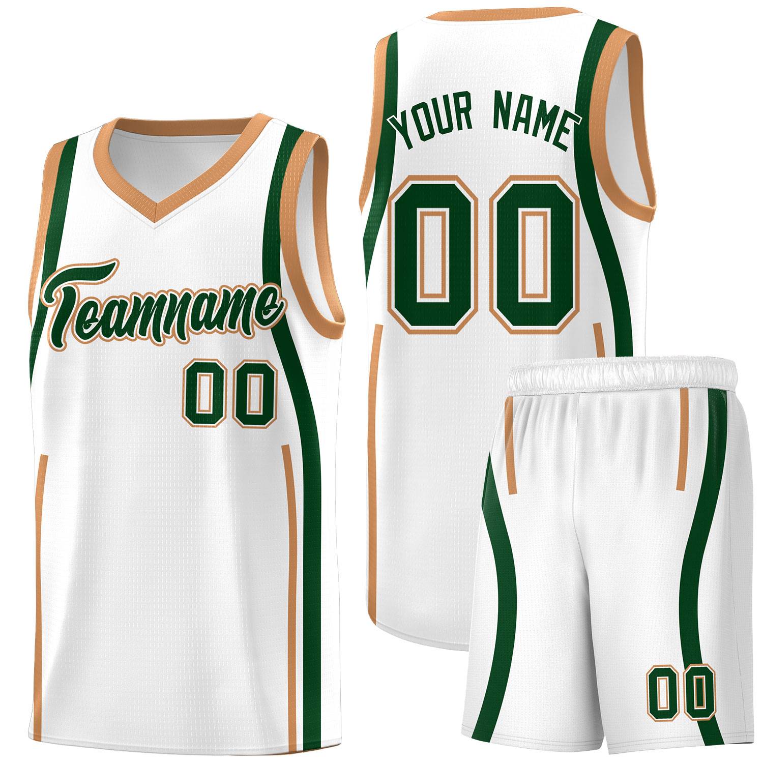 Custom White Green-Buckskin Brown Ribbon Pattern Basketball Kits