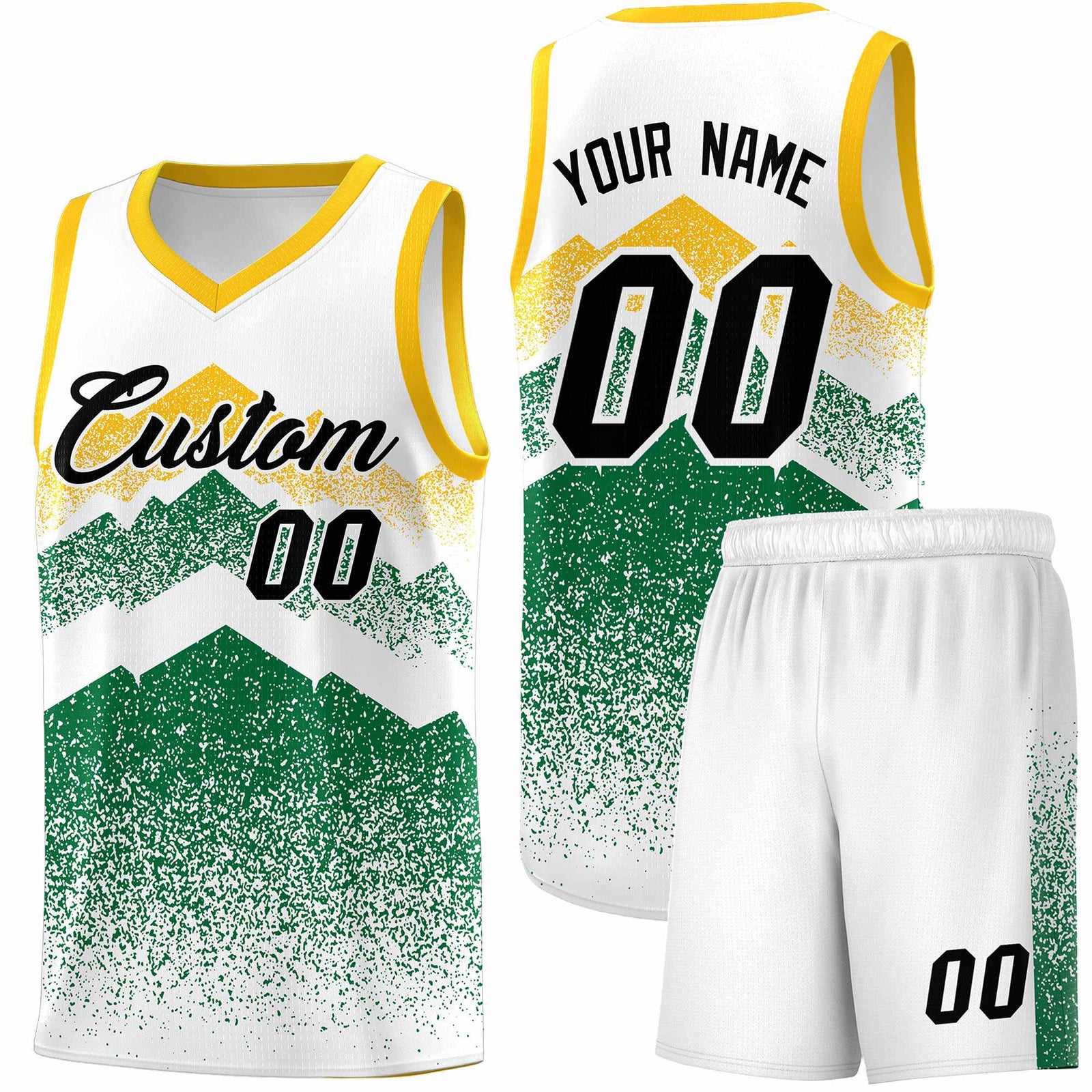 Personalized Youth Basketball Jerseys White Kelly Green Gradient Mountain Design Uniforms