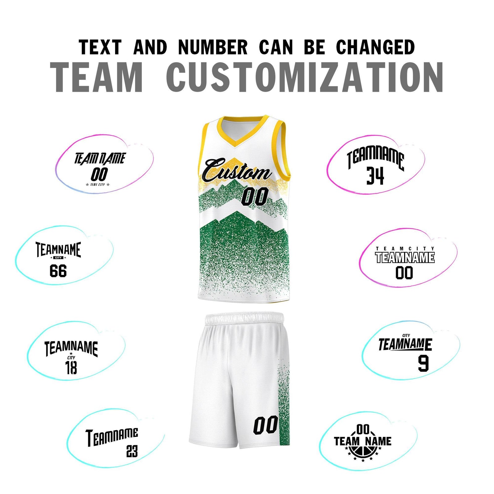 Personalized Youth Basketball Jerseys White Kelly Green Gradient Mountain Design Uniforms