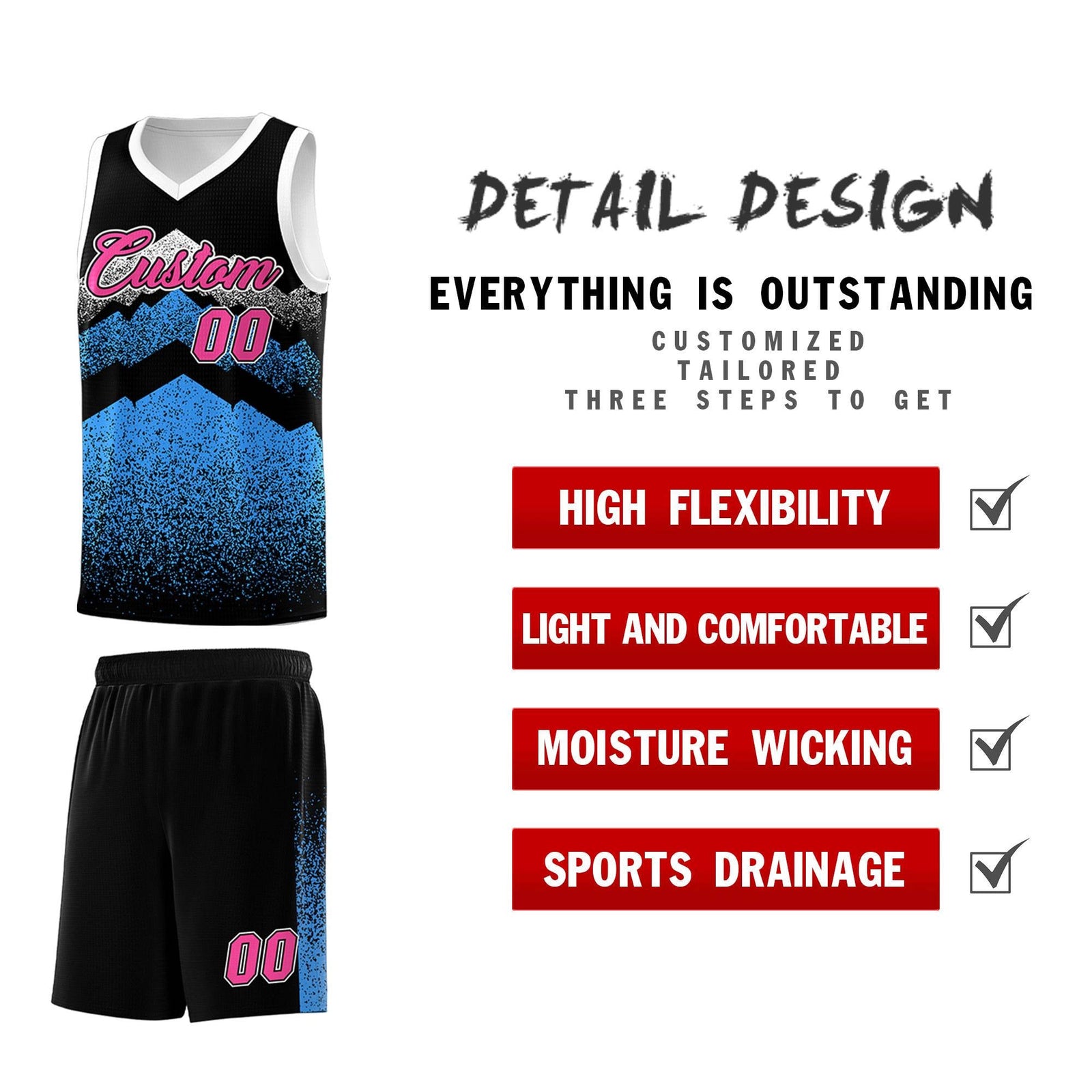 Personalized Youth Basketball Jerseys Black Powder Blue Gradient Mountain Design Uniforms