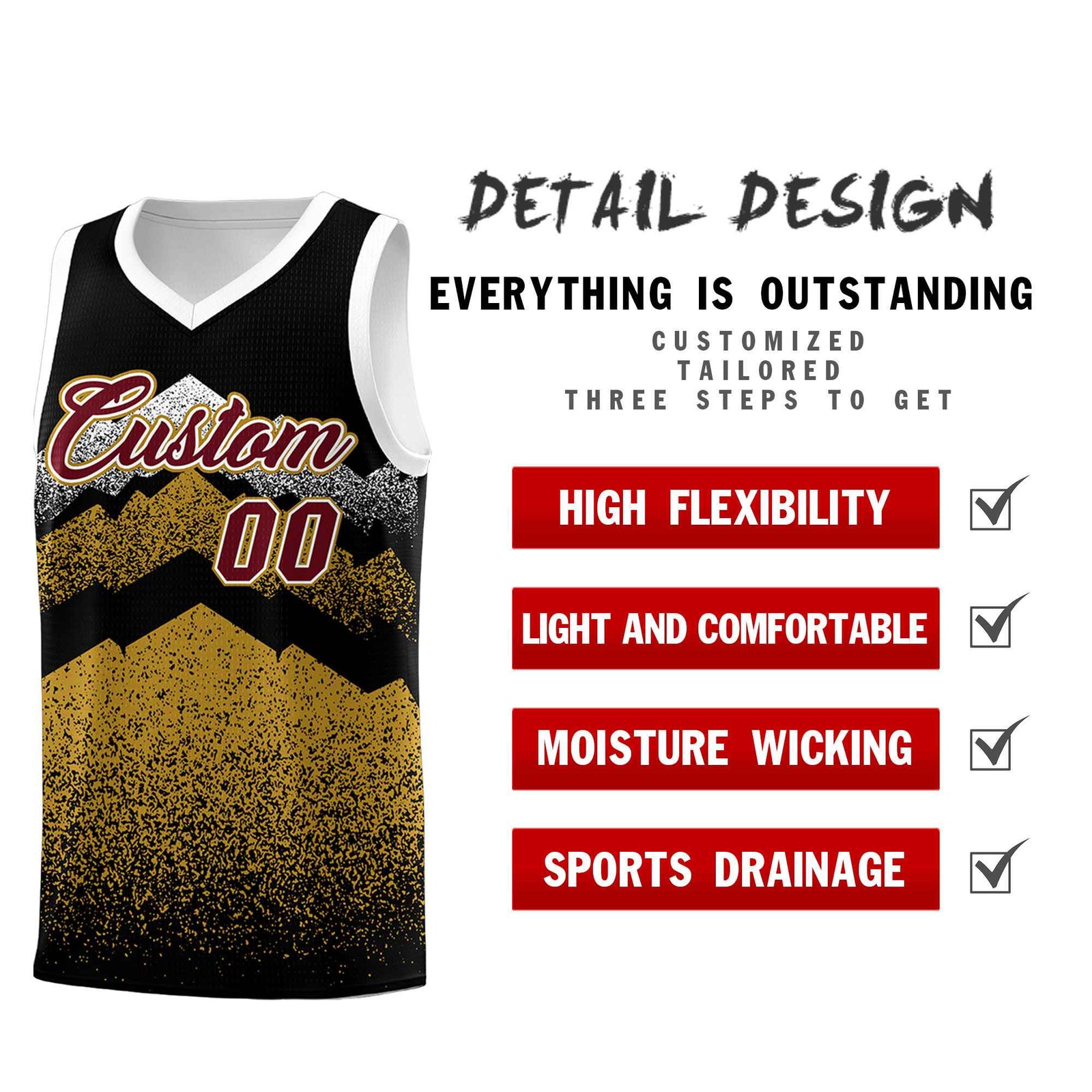 Custom Youth Basketball Jerseys Black Old Gold Gradient Mountain Design Uniforms