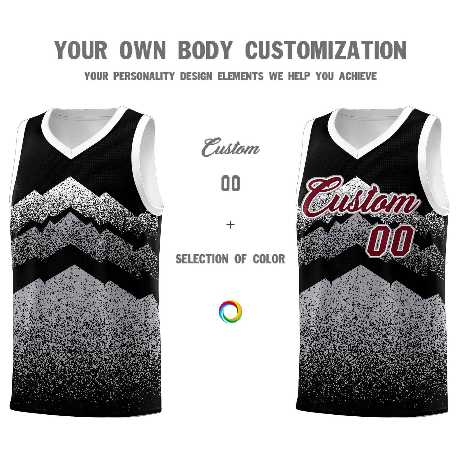 Personalized Youth Basketball Jerseys Black Gray Gradient Mountain Design Uniforms