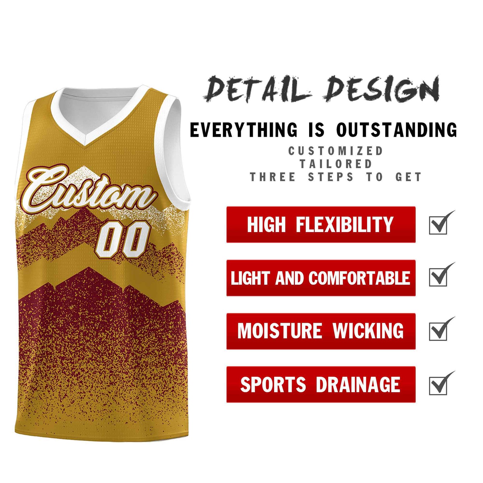 Custom Youth Basketball Jerseys Old Gold Crimson Gradient Mountain Design Uniforms