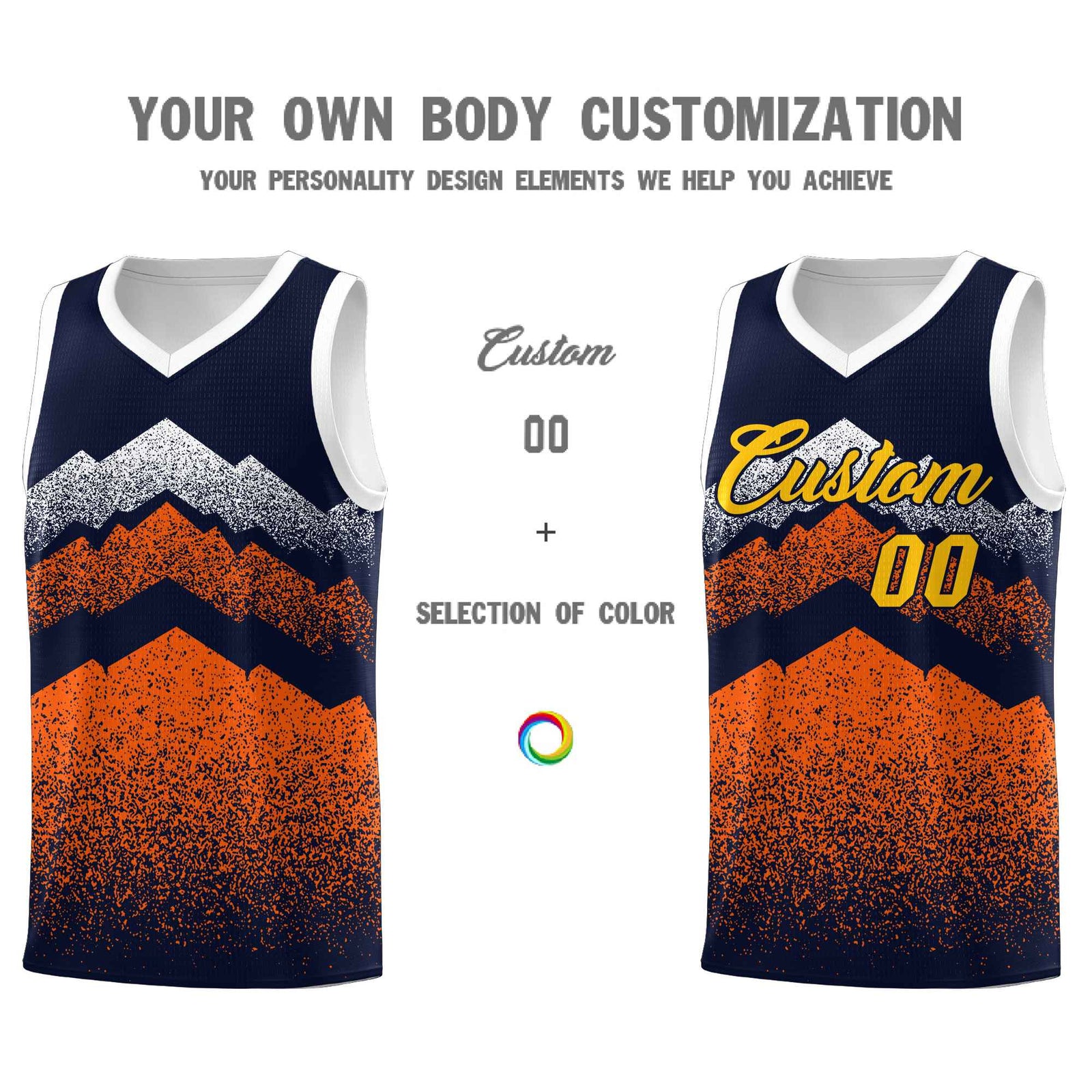 Personalized Youth Basketball Jerseys Navy Orange Gradient Mountain Design Uniforms