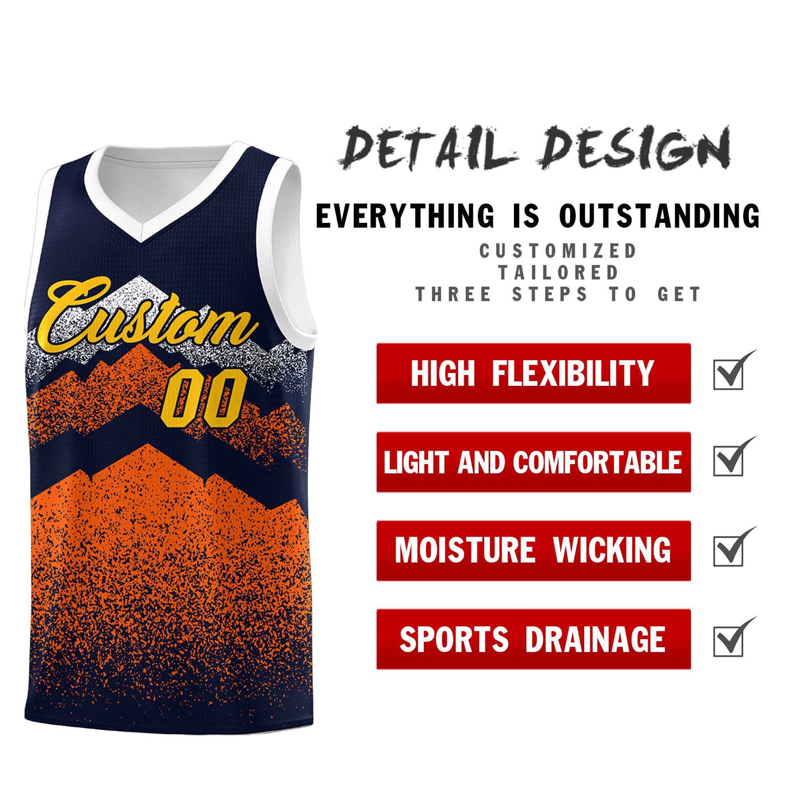 Personalized Youth Basketball Jerseys Navy Orange Gradient Mountain Design Uniforms